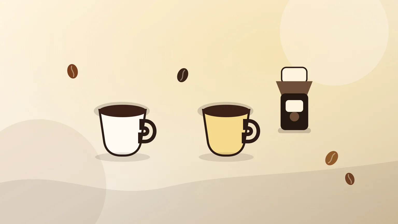 Duas chávenas de café com grãos e moinho, preparadas para comparar sabor.
