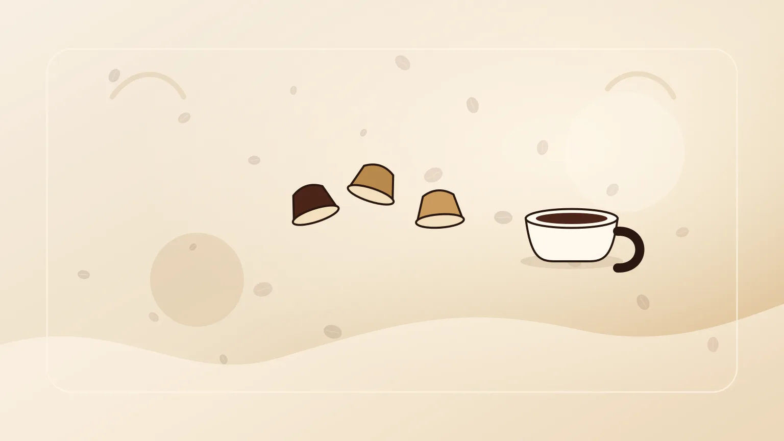 Cápsulas de café em tons quentes junto a chávena de espresso, sem marcas visíveis.