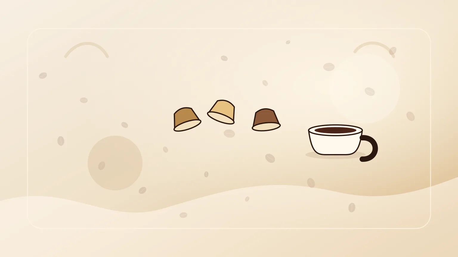 Cápsulas de café abstratas organizadas por sistema numa bancada clara sem logótipos.