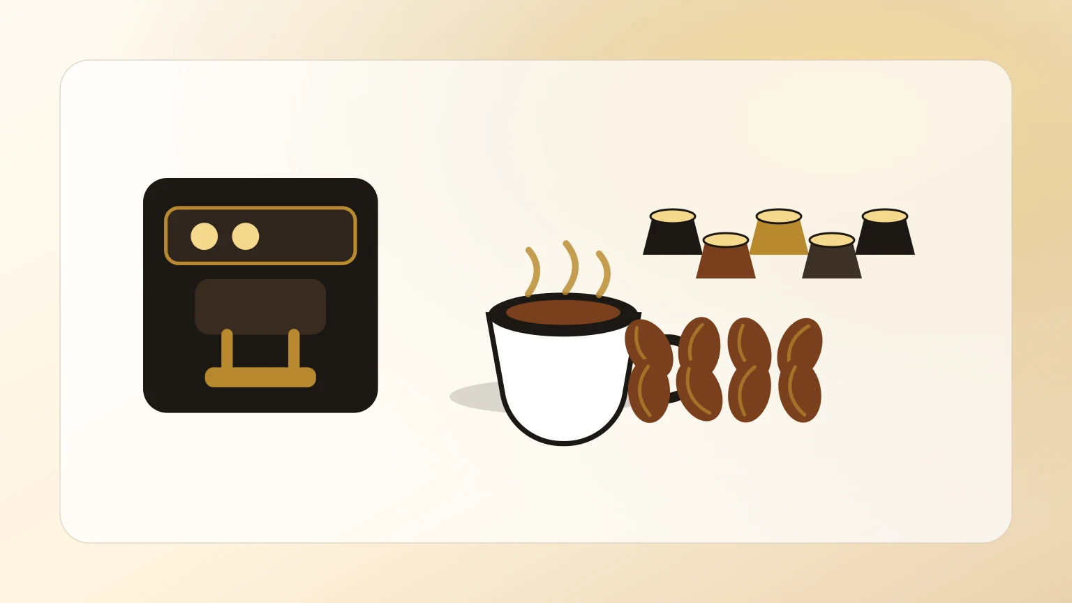 ComposiÃ§Ã£o editorial com mÃ¡quina de cafÃ©, chÃ¡vena, cÃ¡psulas e grÃ£os.