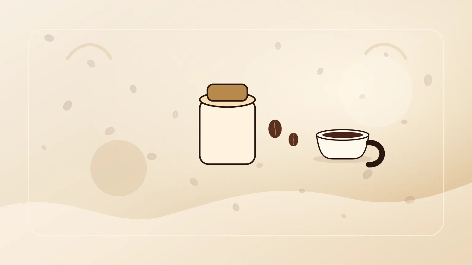 Recipiente hermético com grãos de café e colher numa bancada quente.