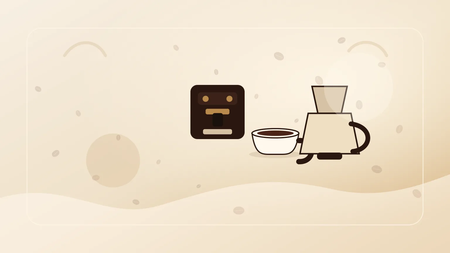Cozinha pequena com máquina de café compacta, chávena e poucos acessórios.