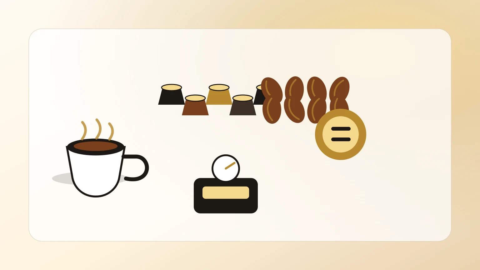 ComposiÃ§Ã£o editorial sobre custo de cafÃ© em casa com chÃ¡vena, cÃ¡psulas, grÃ£os e indicador de preÃ§o.