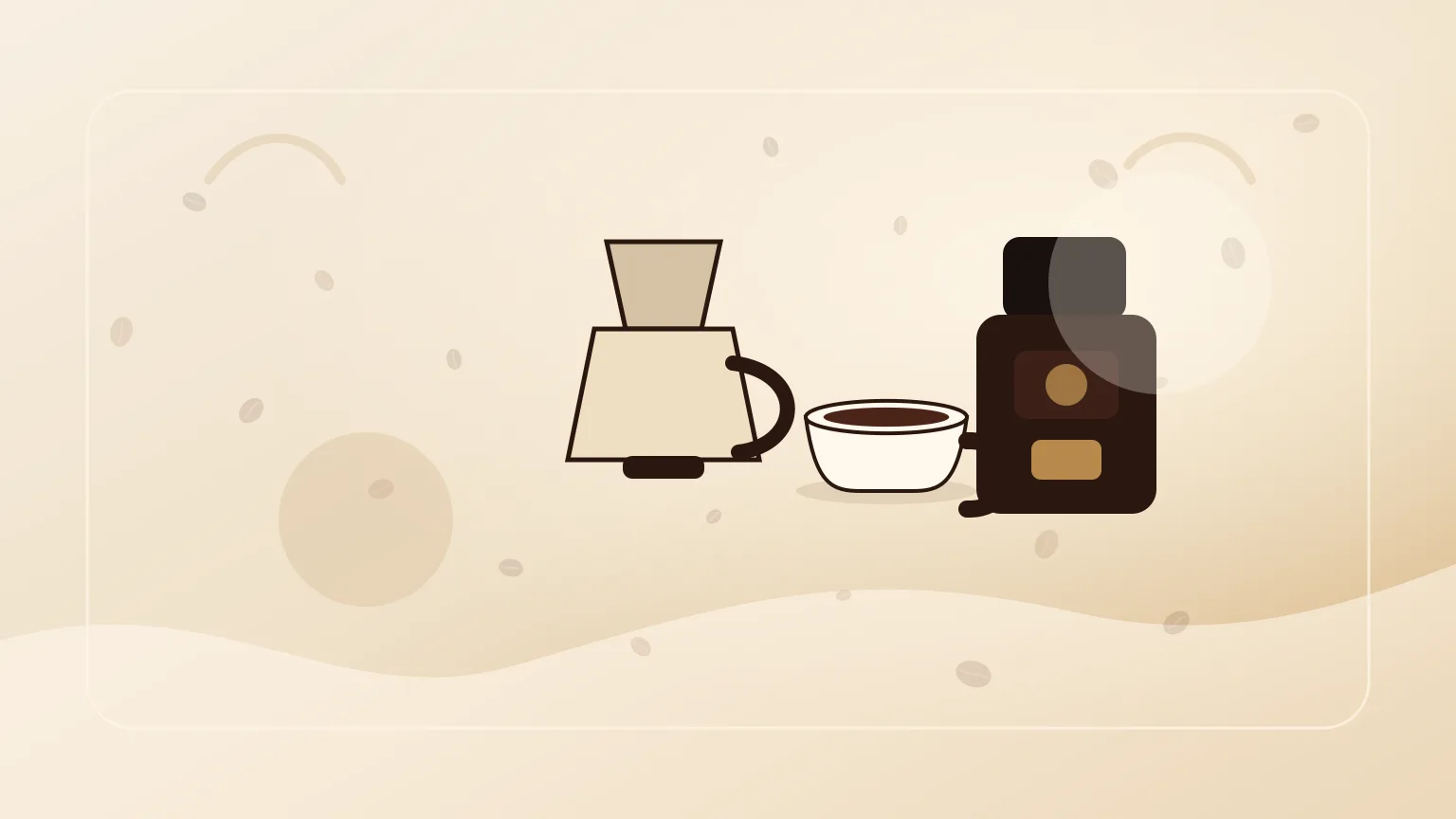 Setup compacto de café numa cozinha pequena com cafeteira, chávena e grãos.