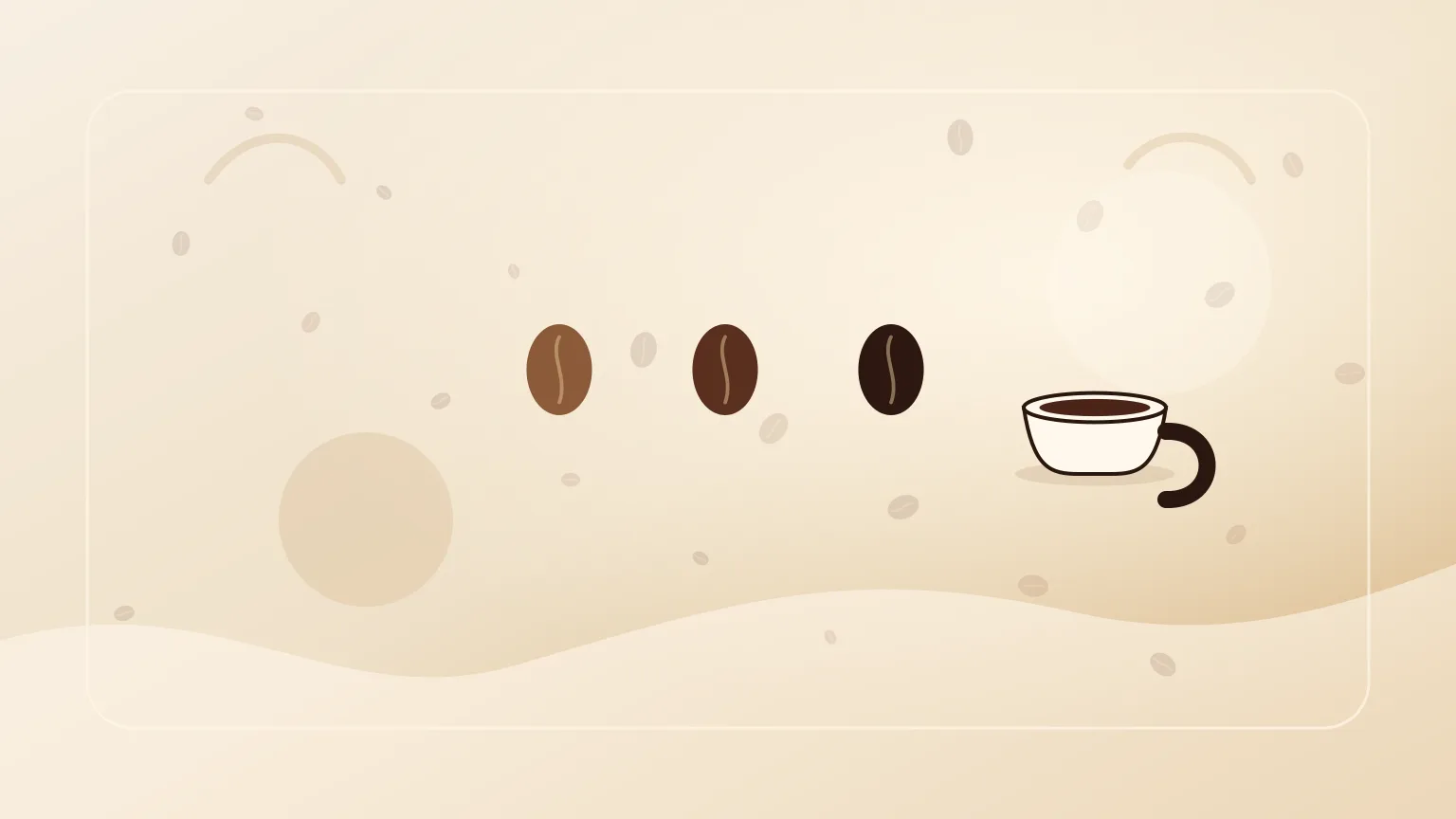 Três taças com grãos de café de torra clara, média e escura em fundo creme.