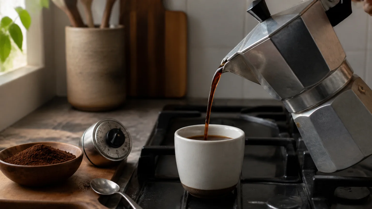 Cafeteira italiana moka com grãos e chávena pequena sobre bancada quente.