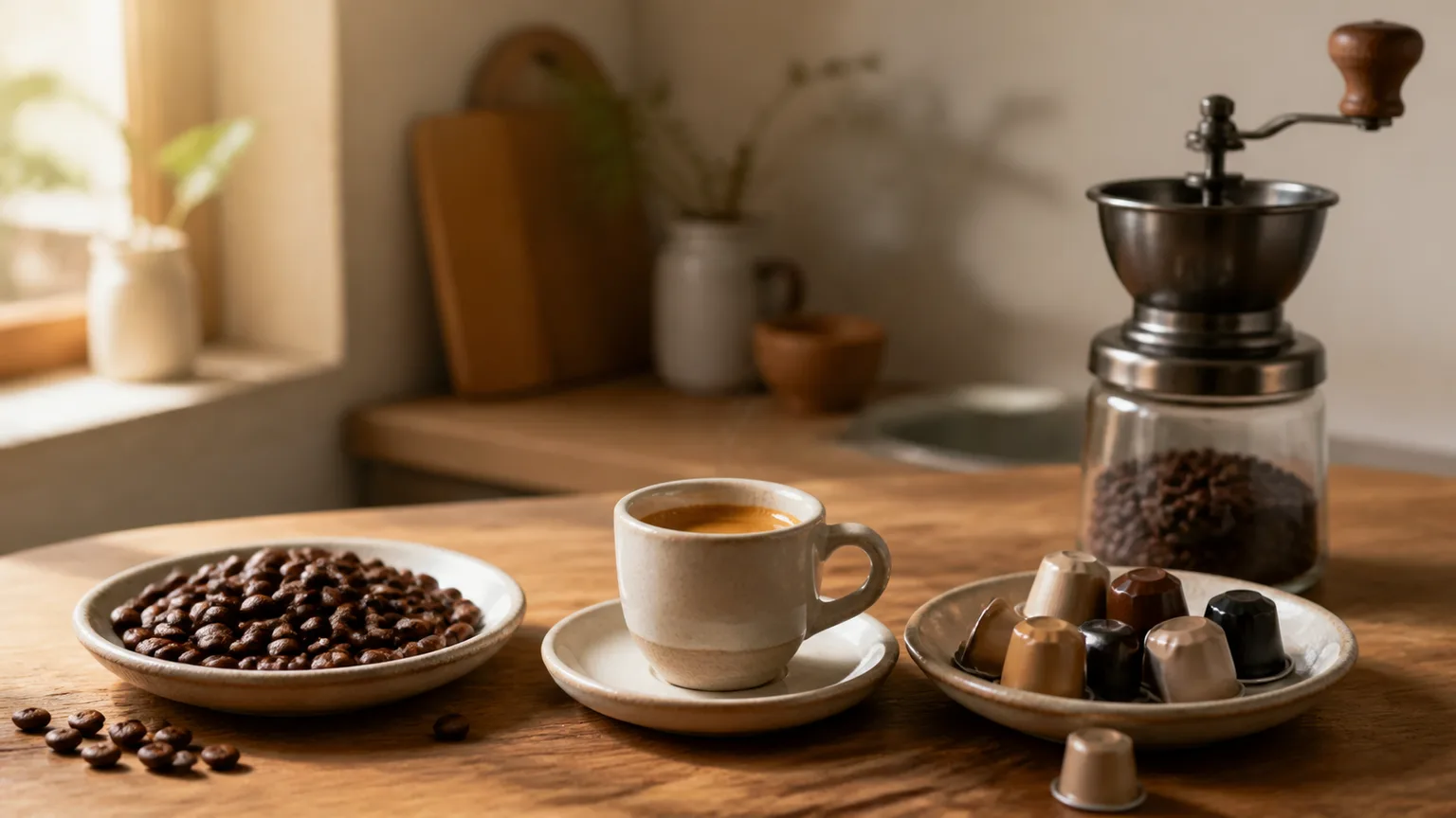 Café em grão, moinho e cápsulas sem marca organizados para comparação numa bancada.