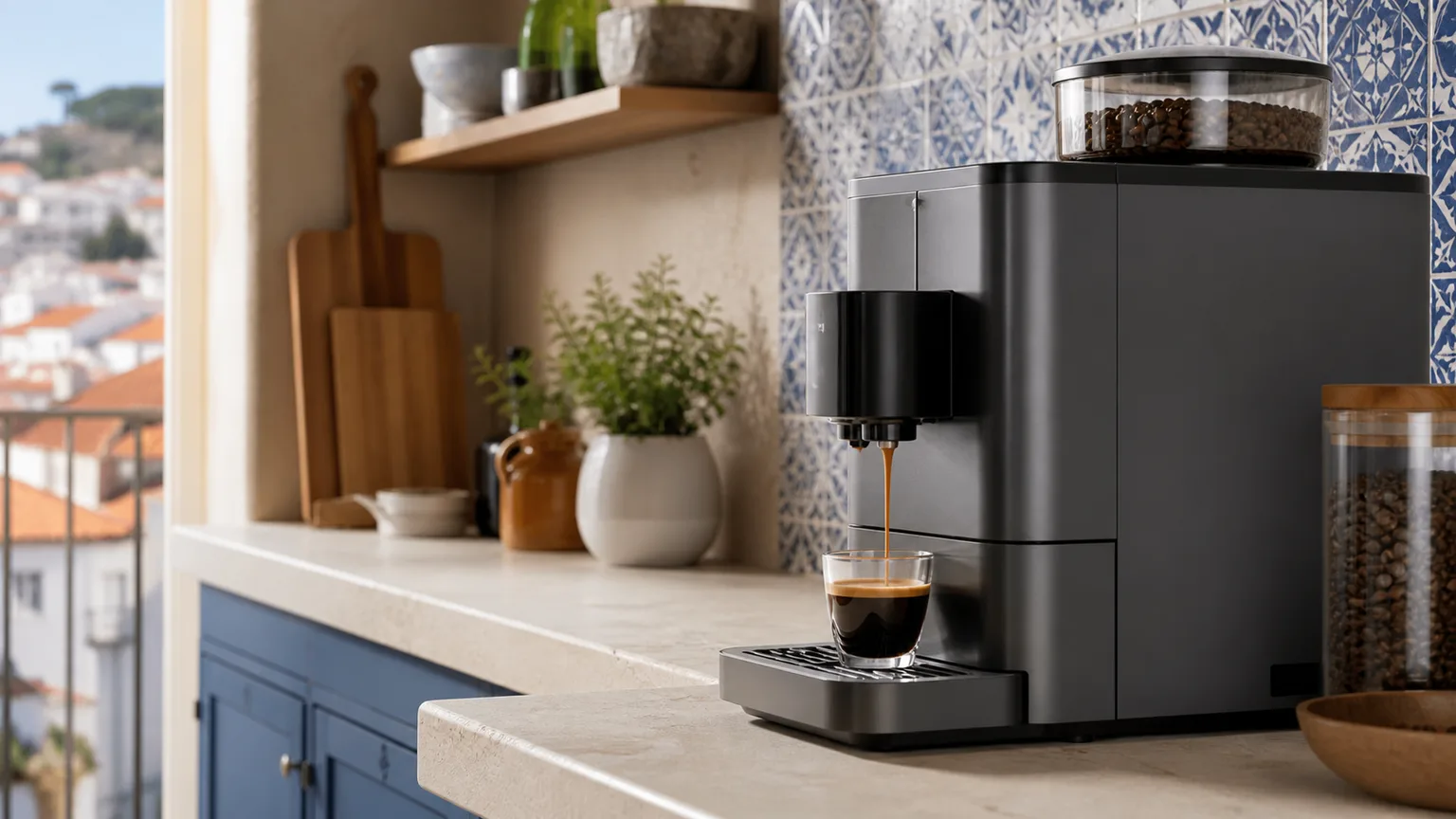 Bancada quente com máquina automática, chávena de espresso e café em grão.