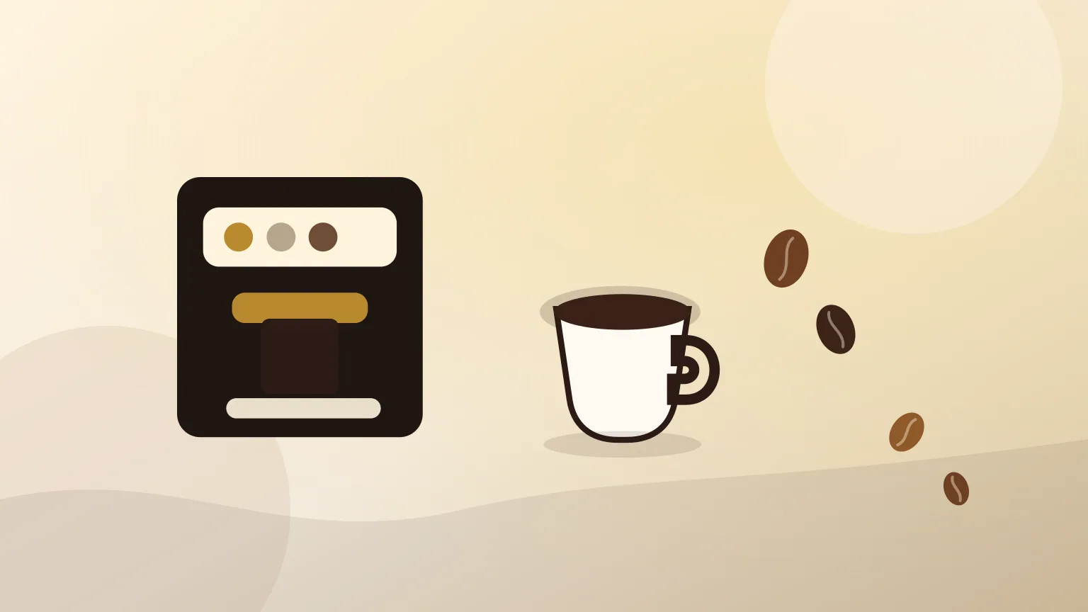 Bancada quente com máquina automática, chávena de espresso e café em grão.