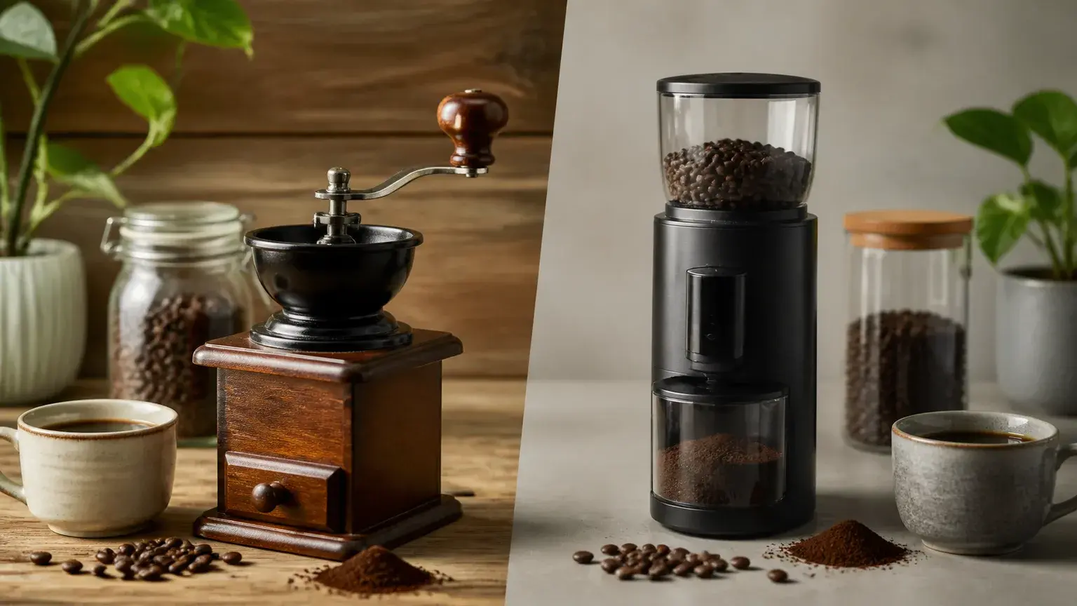 Moinhos de café, grãos e acessórios de preparação numa bancada luminosa.