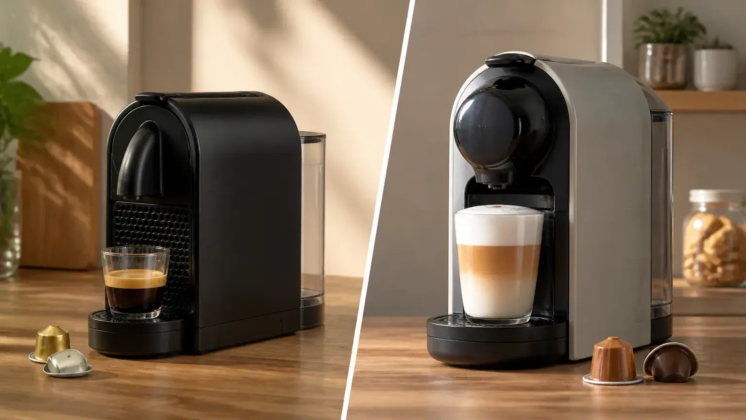 Duas máquinas de cápsulas e bebidas de volumes diferentes numa cozinha sem marcas.