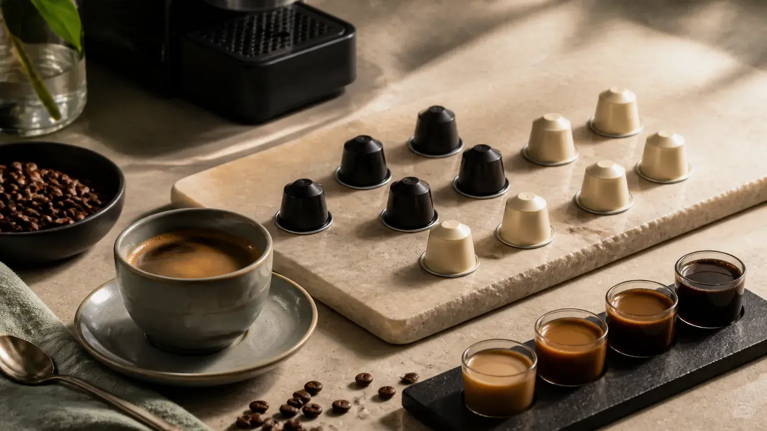 Cápsulas de café em tons quentes junto a chávena de espresso, sem marcas visíveis.